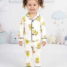 Kız Erkek Unisex Lüx Alt-Üst 2 Parça Tweety Desenli Canlı Pamuklu Pijama Takımı