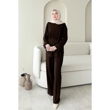 RFK Butik Kadın Beli Tünelli Taş Detaylı Pantolonlu Ikili Takım - Kahverengi