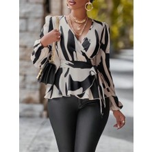 Mç Plus Kadın Uzun Kollu Kruvaze Yakalı Yandan Bağlamalı Kısa Beli Kuşaklı Modal Bluz