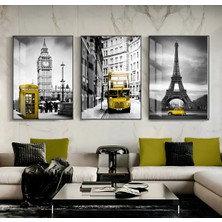 Harikabirev| Paris-London Gri-Sarı Kombini |çerçeveli Cam Tablo 3lü Dikey