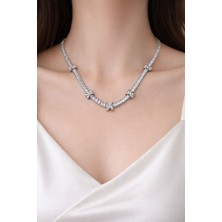 Huma Butik Takı Aksesuar Silver Taşlı Fiyonk Detaylı Çelik Kolye