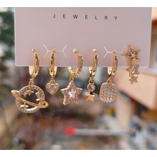 Tuel Zirkon Taşlı Gold Çelik Çoklu Küpe