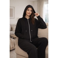 Aces Moda Kadın Siyah Modal Kumaş Kapüşonlu Fermuarlı Eşofmantakımı