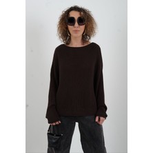 Zelish My Sister Koyu Kahve  Kayık Yaka Basic Triko Kazak