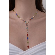 Huma Butik Takı Aksesuar Renkli Taş Detaylı Uzun Sallantılı Gold Çelik Kolye