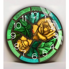 Harikabirev|kırılmaz Cam Duvar Saati  Yeşil Gold  Sarı Gül Tablosu|yvrlkcm