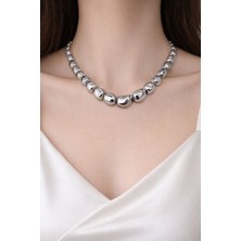 Huma Butik Takı Aksesuar Silver Iri Boncuk Detaylı Çelik Kolye