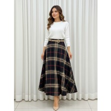 Fibula Yüsek Bel Kemerli Uzun Astarlı Ekose Verev Kloş Etek