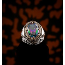 Yıldırım Gökkuşağı Efektli Mystic Topaz Taşlı 925 Ayar Gümüş Erkek Yüzük