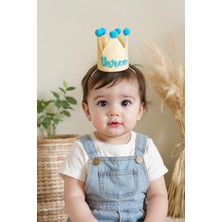 Niksy Design Three Mavi Ponponlu Mini Doğum Günü Tacı - 3 Yaş Erkek Bebek Parti Şapkası