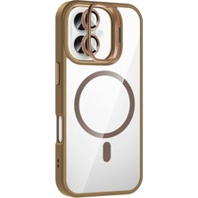 Fuchsia iPhone 16 ile Uyumlu Plus Remim Lensli Kablosuz Şarj Özellikli Standlı Kapak - Kahverengi