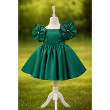 Musgem Özel Tasarım Zümrüt Yeşili Çiçek Detaylı Saten Kız Çocuk Abiye Elbise