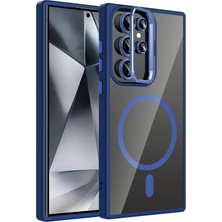 Fuchsia Samsung Galaxy S25 Ultra ile Uyumlu Remim Lensli Kablosuz Şarj Özellikli Standlı Kapak - Lacivert