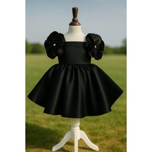 Musgem Özel Tasarım Siyah Çiçek Detaylı Saten Kız Çocuk Abiye Elbise