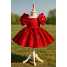 Musgem Özel Tasarım Kırmızı Çiçek Detaylı Saten Kız Çocuk Abiye Elbise