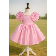 Musgem Özel Tasarım Pembe Çiçek Detaylı Saten Kız Çocuk Abiye Elbise