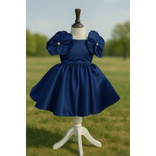 Musgem Özel Tasarım Lacivert Çiçek Detaylı Saten Kız Çocuk Abiye Elbise