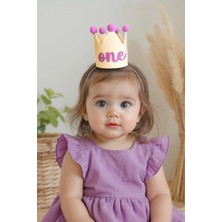 Niksy Design One Mor Ponponlu Mini Doğum Günü Tacı - 1 Yaş Kız Bebek Parti Şapkası