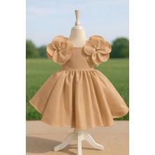 Musgem Özel Tasarım Açık Kahverengi Çiçek Detaylı Saten Kız Çocuk Abiye Elbise