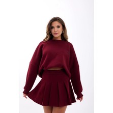 Ayshan Bordo Oversize Sweatshirt ve Pileli Mini Etek Takımı