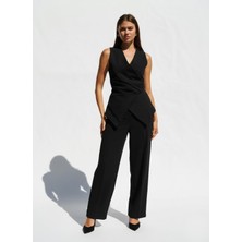 Ayshan Siyah Kruvaze Kapamalı Pileli Yelek