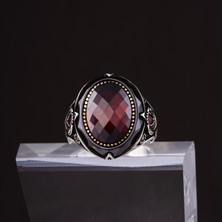 Yıldırım Kırmızı Doğal Taşlı Bakır Ton Detaylı 925 Ayar Gümüş Erkek Yüzük - Şık Tasarım