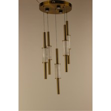 GN Gen Aydınlatma Lüks Antik Bronz Çemberli Serisi 5li Çubuk Formlu Buzlu Camlı Modern Tasarım Avize