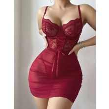 Kiss Me Kadın Transparan Tül Dantelli Fiyonk Çapraz Bağlama Detaylı Askılı Fantezi Gecelik