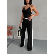 Ayshan Yandan Şeritli Geniş Paça Siyah Pantolon