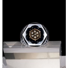 Yıldırım Bakır Ton  Işlemeli Siyah Doğal Taşlı 925 Ayar Gümüş Erkek Yüzük – Klasik Motifli