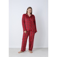 Battal Estiva Kareli Önden Düğmeli Kadife Bayan Pijama Takım