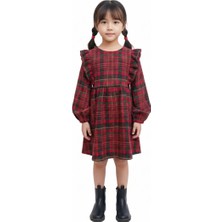 Escabel Kız Çocuk Ekoseli Bordo Uzun Kollu Elbise Fırfır Omuzlu Rahat Kalıp