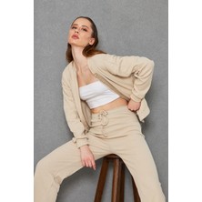 Bej Renk Kaşkorse Pantolon Bomber Ceket Kadın Alt Üst Takım