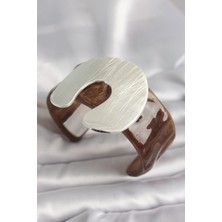 Shopwave Kahverengi Mermer Desen Akrilik Plastik Gümüş Plaka Model Vintage Kadın Bilezik