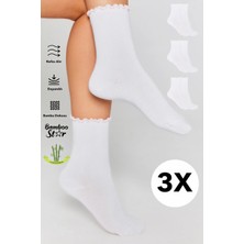 Bamboo Star Bambu Kadın Pembe Fırfırlı Lastiksiz Dikişsiz Kadın Soket 3lü Beyaz Çorap/iz Bırakmaz/sıkmayan Çorap
