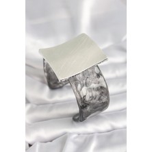 Shopwave Siyah Mermer Desen Akrilik Plastik Gümüş Kare Plaka Model Vintage Kadın Bilezik