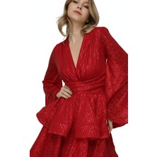 Elifnaz Moda Evi Bordo V Yaka Glenli Volan Etek Elbise