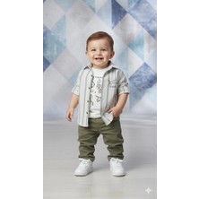 Bontino Erkek Bebek 3'lü Takım - %100 Pamuk Baskılı Tişört, Çizgili Gömlek ve Pantolon Seti