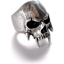Ak Store Silver Erkek, Gümüş Kaplama Paslanmaz Kromix Çelik Yüzük | Gotik Vampir Dişli Kurukafa Model