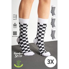 Bamboo Star Bambu Kadın Soket Dikişsiz Premium Çorap Siyah -Beyaz Kare Desenli 3'lü Paket Sıkmayan Çorap / Iz Bırakmaz