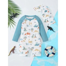 RosabelleMare Dinozor Desenli Uzun Kollu Bebek Mayo Tulum. Fermuarlı, Esnek ve Hızlı Kuruyan Yapı.