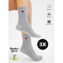 Bamboo Star Bambu Kadın Gri Lastiksiz Soket Dikişsiz Premium Kalp Desenli Çorap 3'lü Paket Sıkmayan Çorap / İz Bırakmaz