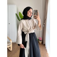 RFK Butik Kadın Bel Bağlamalı Kuşaklı Etek Üstü Gömlek - Bej