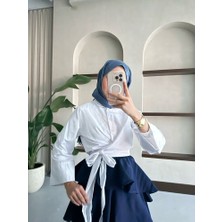 RFK Butik Kadın Bel Bağlamalı Kuşaklı Etek Üstü Gömlek - Beyaz