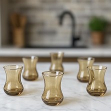 Aen Line 12 Parça Amber Cam Çay Bardağı Seti – Altın Renkli Tabaklı, 6 Kişilik Şık Sunum