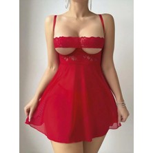 Aria's Closet Arias Closet Kırmızı Dantel Işlemeli Göğüs Dekolteli Fantezi String Tül Gecelik Takımı