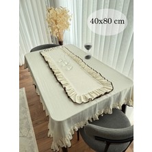 Ars Dt Kahverengi Biyeli Görünümlü Fırfırlı Krem Keten Runner Şık Dekoratif 40X80CM