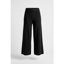 Qaju Kadın Yüksek Bel Triko Wide Leg Pantolon (100CM)-SIYAH