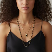 BURADABULDUN Kadın Siyah Taşlı Uzun Kolye -14K Gold - 70 cm