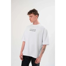 Unisex Bisiklet Yaka Baskılı Oversize T-Shirt - Beyaz
